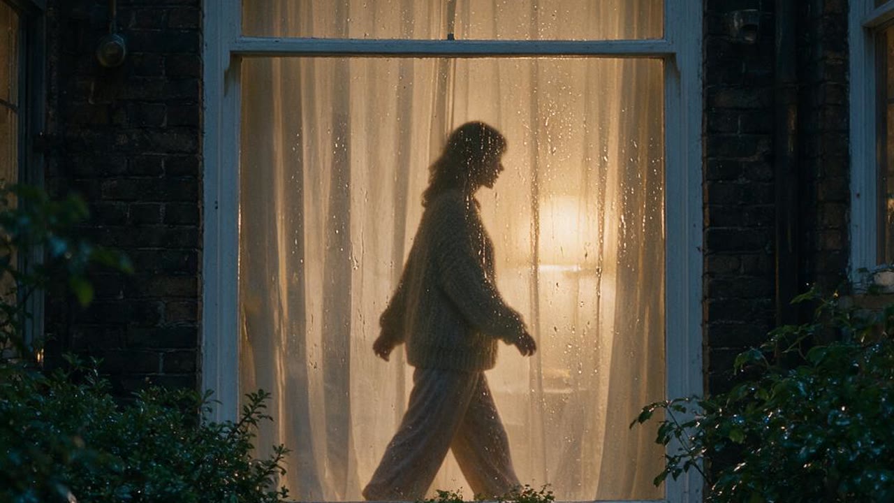 Warm lamp light shining through a rain-streaked apartment window behind sheer curtains at midnight