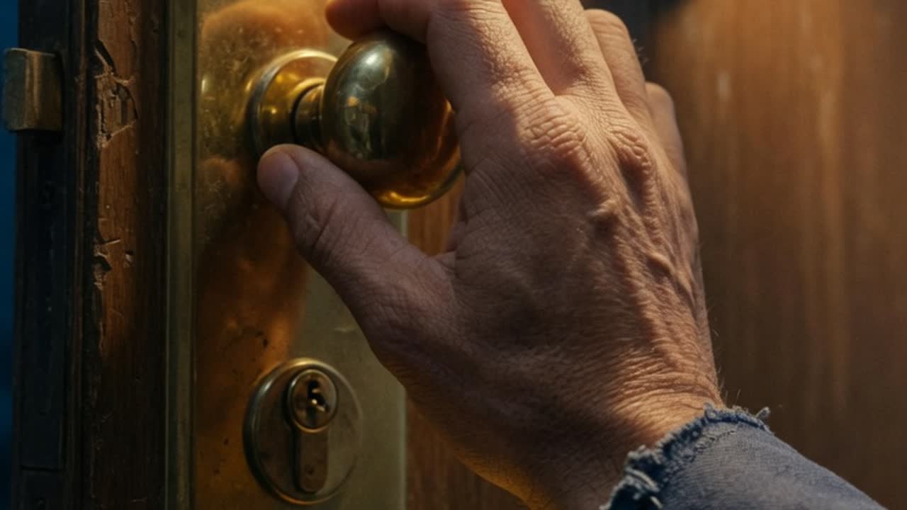 A calm hand resting on a warm brass apartment doorknob in soft hallway light